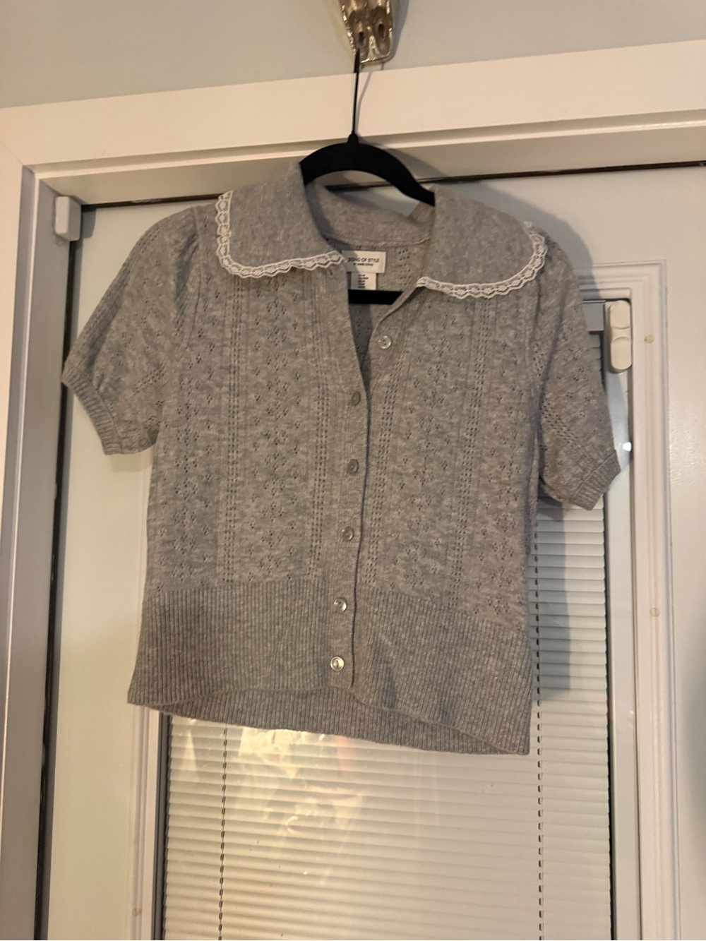 Song of Style Short-Sleeve Pointelle Cardigan Sweater - Light Gray